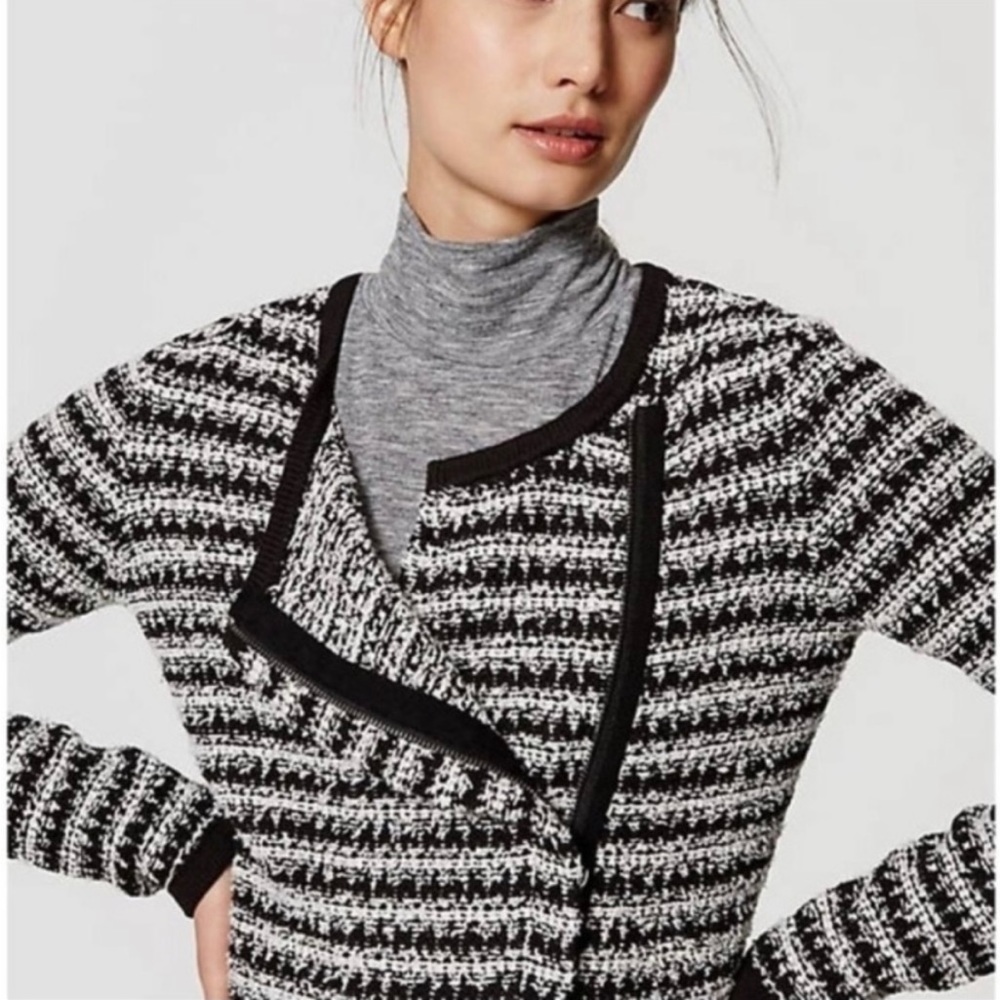 Loft Black & White Knit Cropped MOTO Jacket/sweater